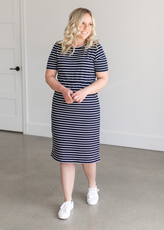 Kristen Short Sleeve Midi Dress Dresses Navy Stripe / XS