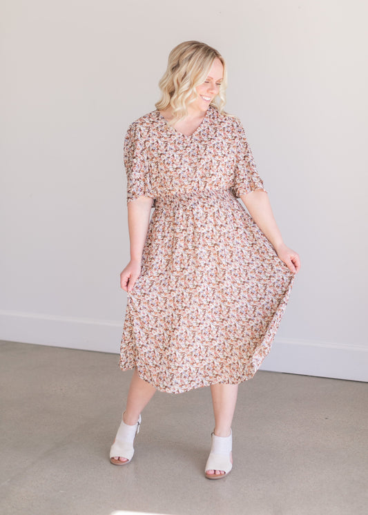 Floral Print Textured Midi Dress Dresses
