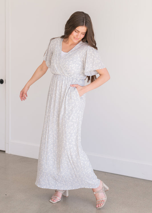 Dusty Blue Floral Wrap Maxi Dress Dresses