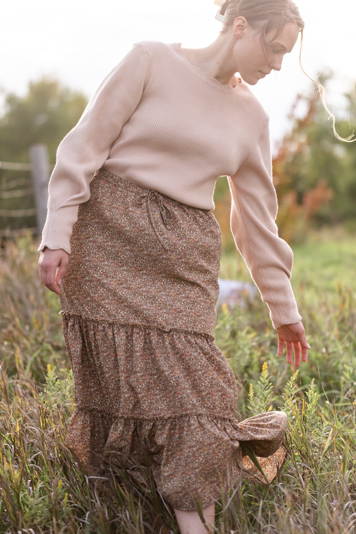 Adelaide Taupe Floral Tiered Maxi Skirt Skirts Inherit