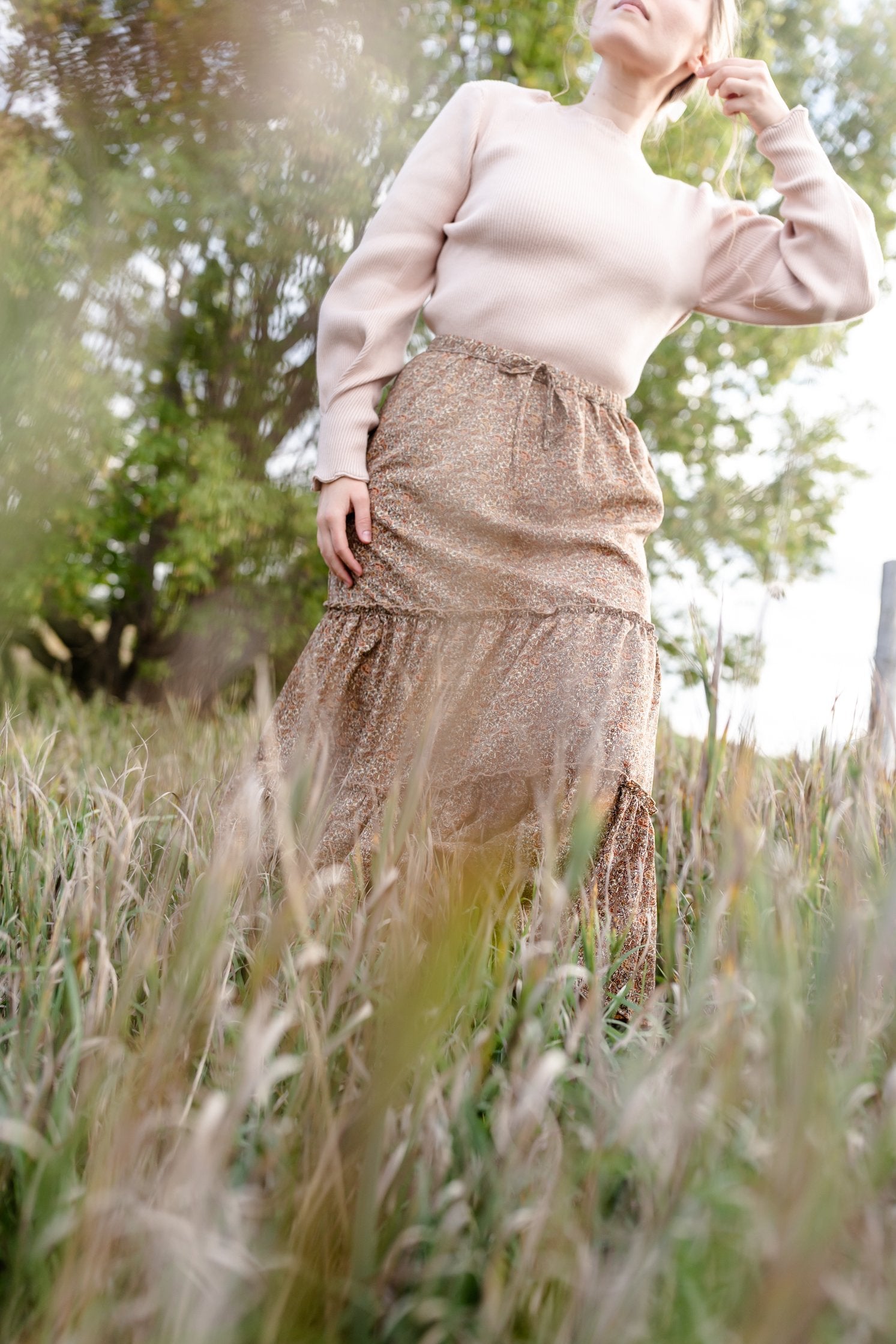 Adelaide Taupe Floral Tiered Maxi Skirt Skirts Inherit