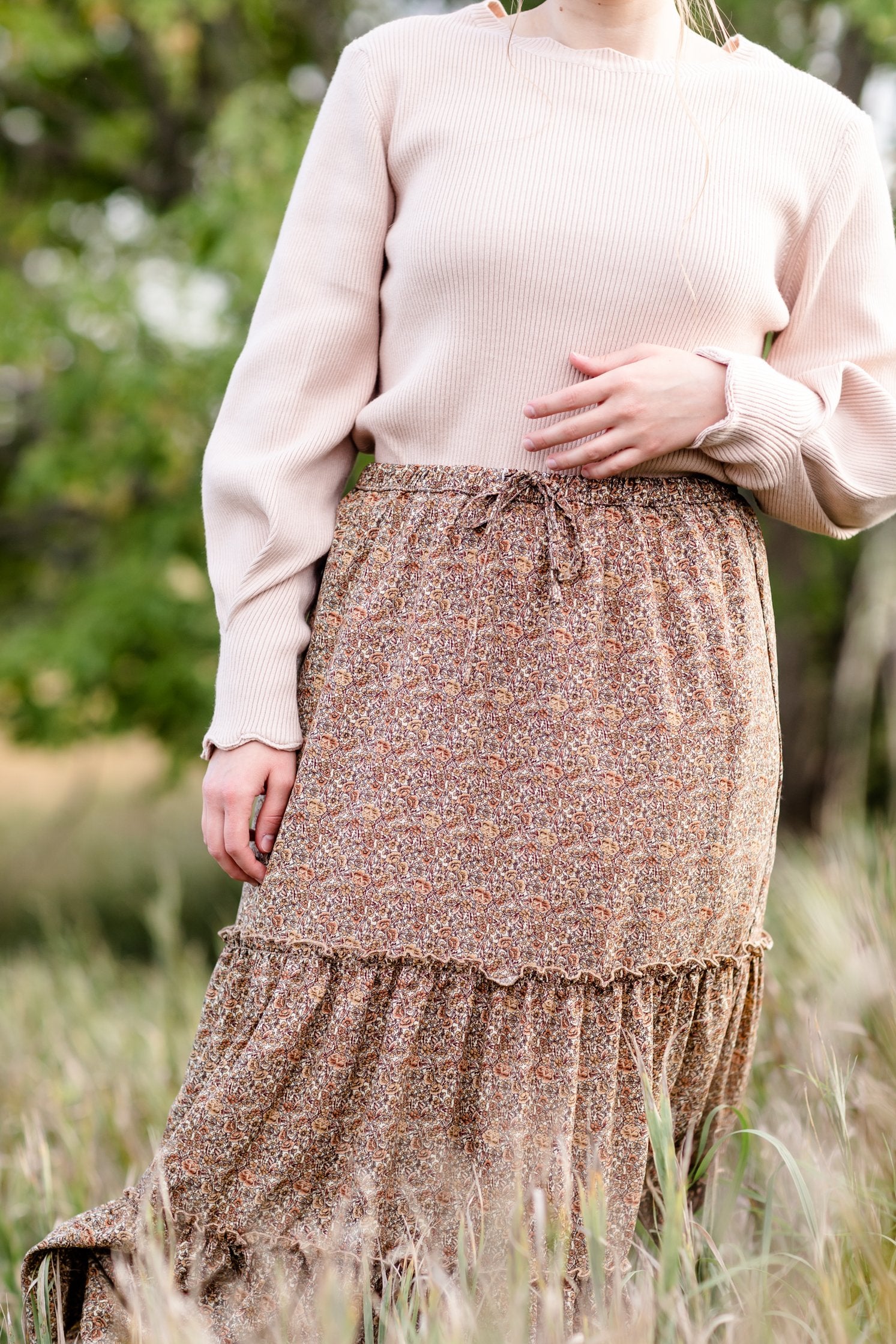 Adelaide Taupe Floral Tiered Maxi Skirt Skirts Inherit