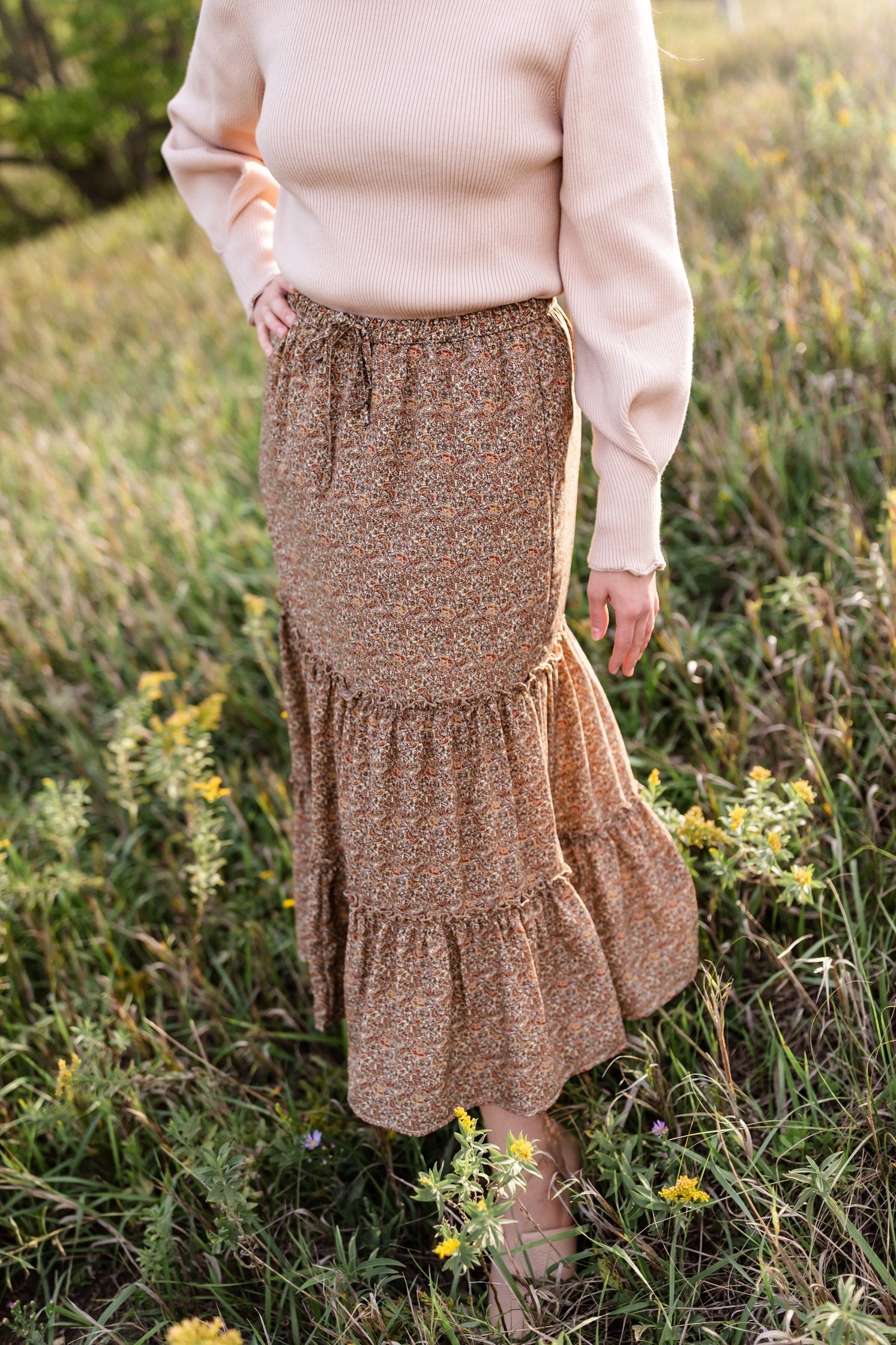 Adelaide Taupe Floral Tiered Maxi Skirt Skirts Inherit