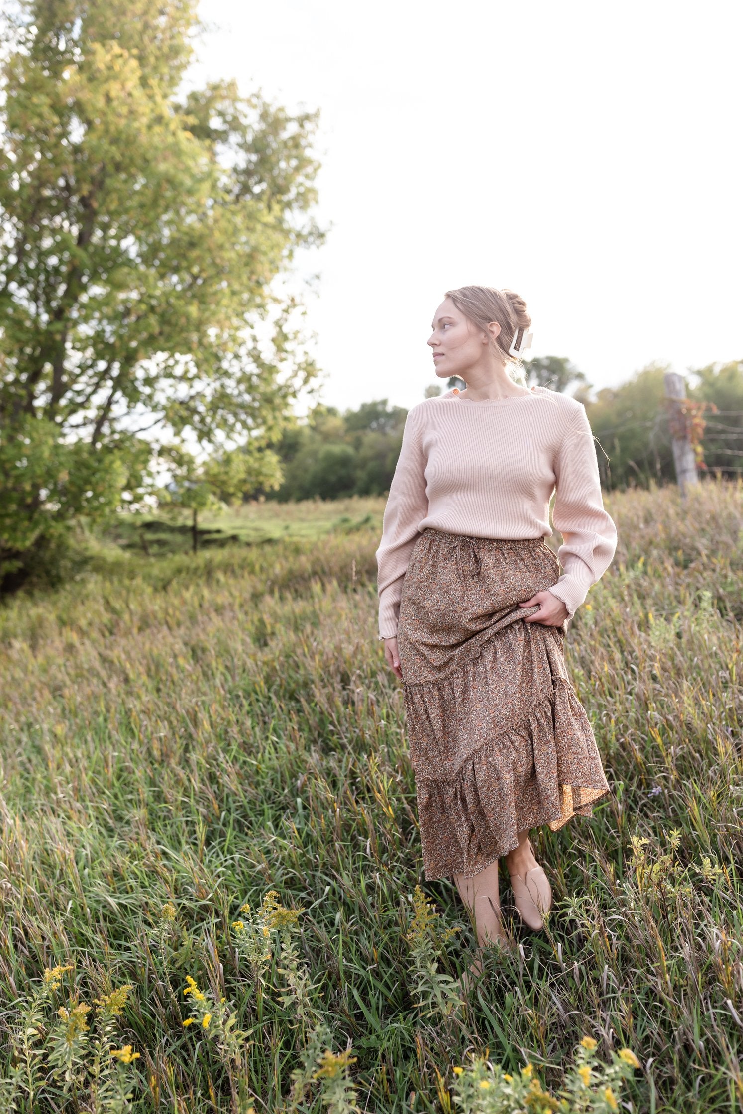 Adelaide Taupe Floral Tiered Maxi Skirt Skirts Inherit