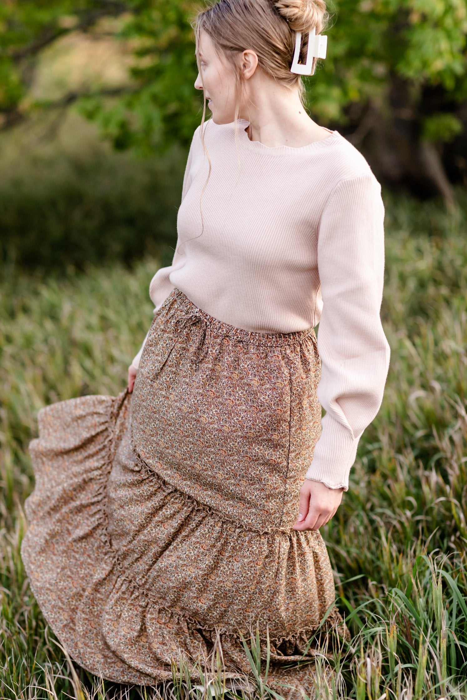 Adelaide Taupe Floral Tiered Maxi Skirt Skirts Inherit