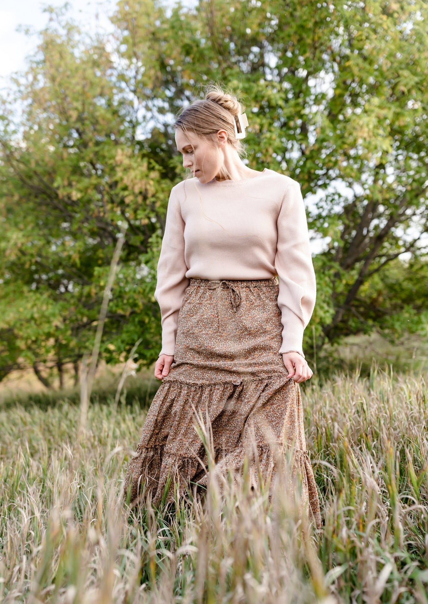 Adelaide Taupe Floral Tiered Maxi Skirt Skirts Inherit