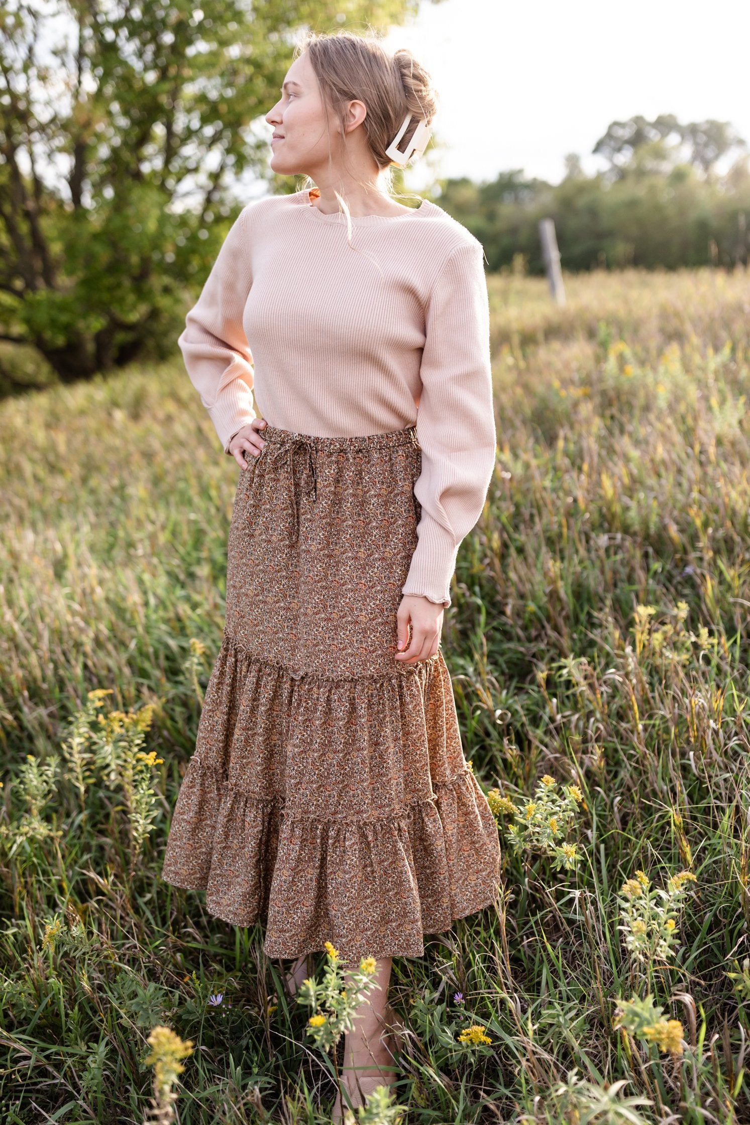 Adelaide Taupe Floral Tiered Maxi Skirt Skirts Inherit