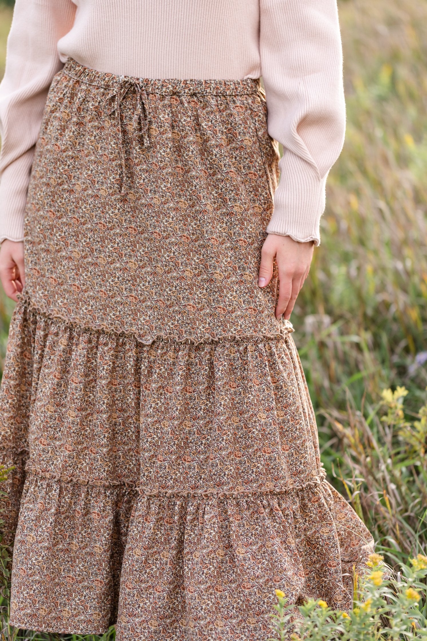 Adelaide Taupe Floral Tiered Maxi Skirt Skirts Inherit