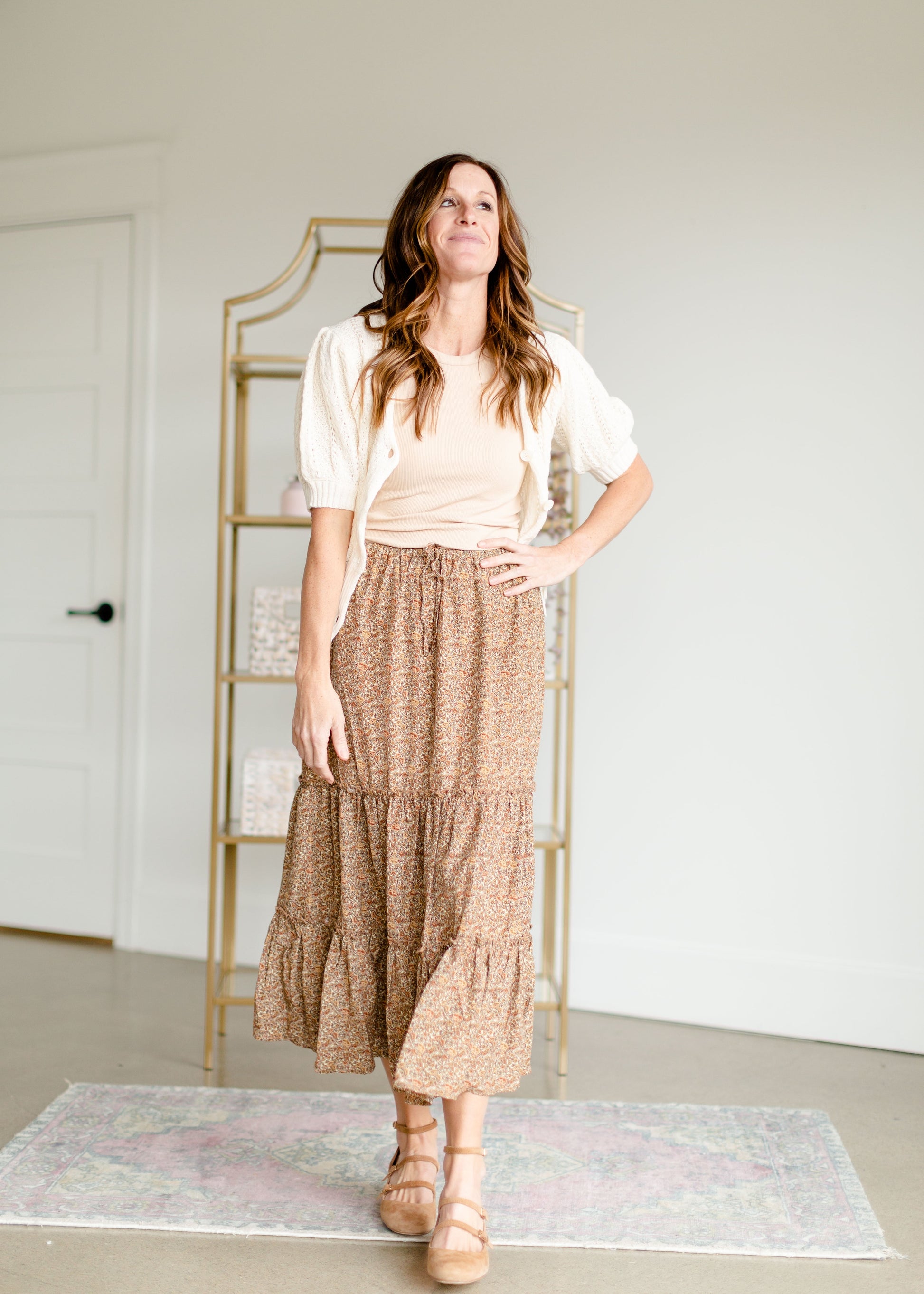 Adelaide Taupe Floral Tiered Maxi Skirt Skirts Inherit