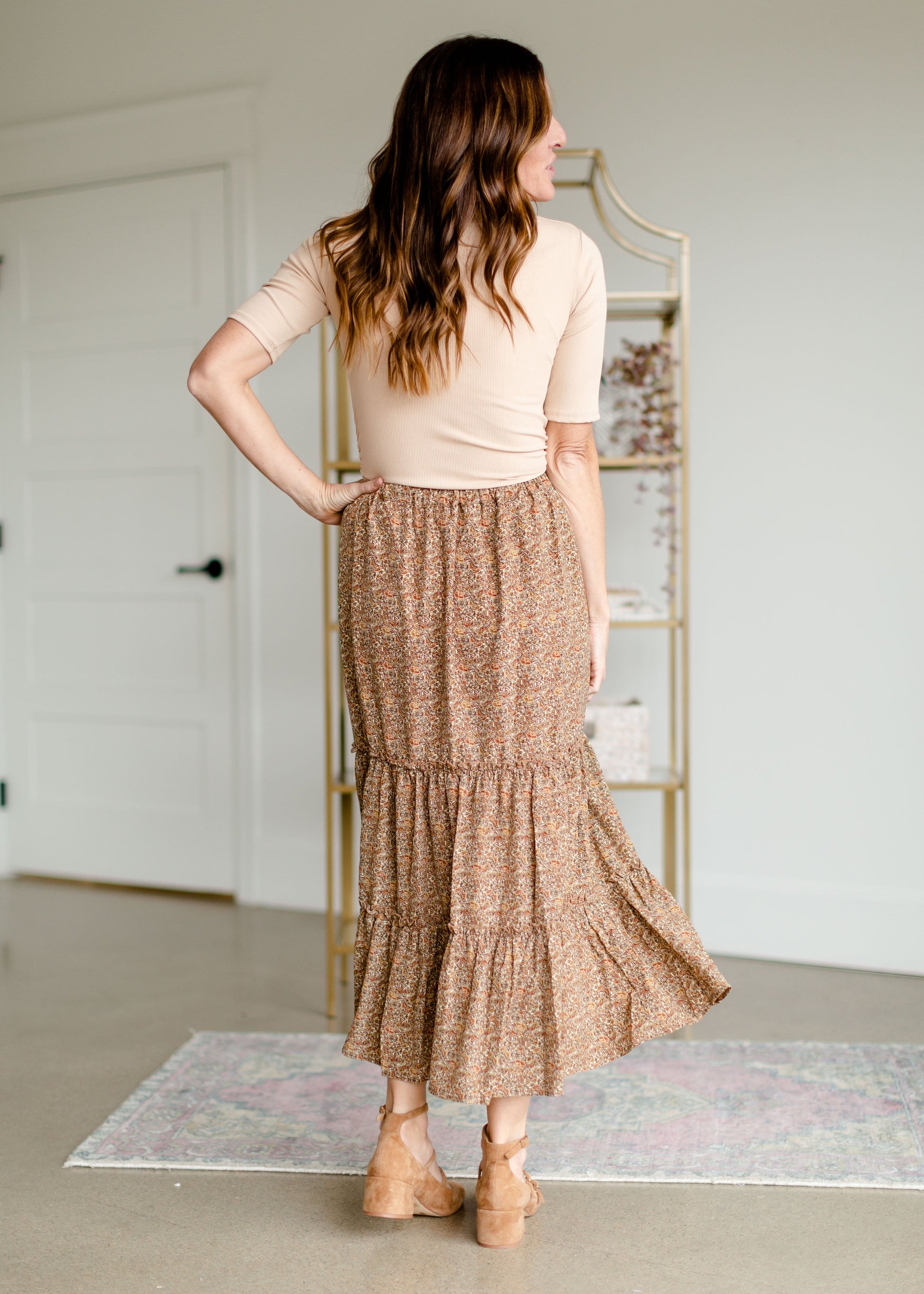 Adelaide Taupe Floral Tiered Maxi Skirt Skirts Inherit