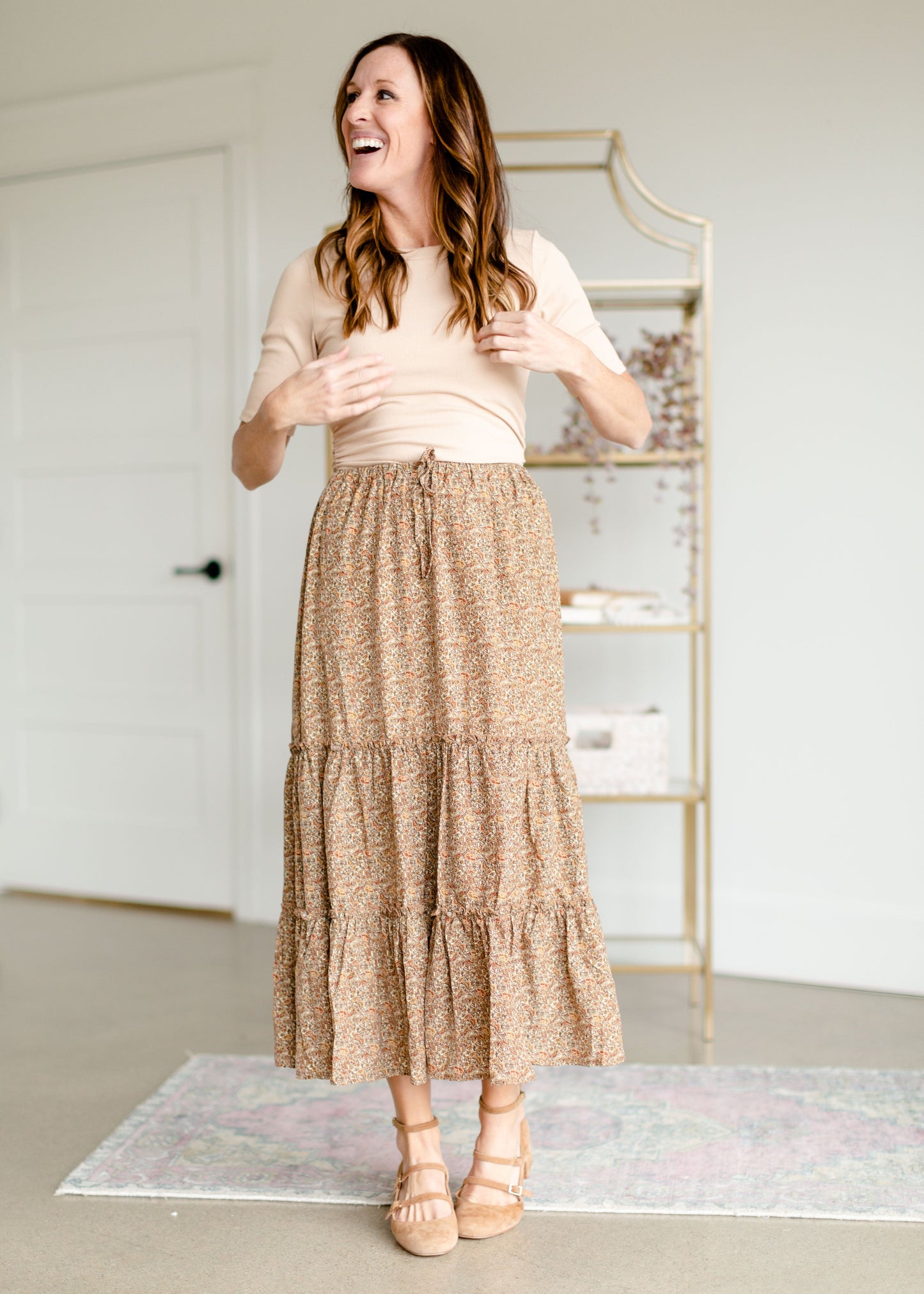 Adelaide Taupe Floral Tiered Maxi Skirt Skirts Inherit