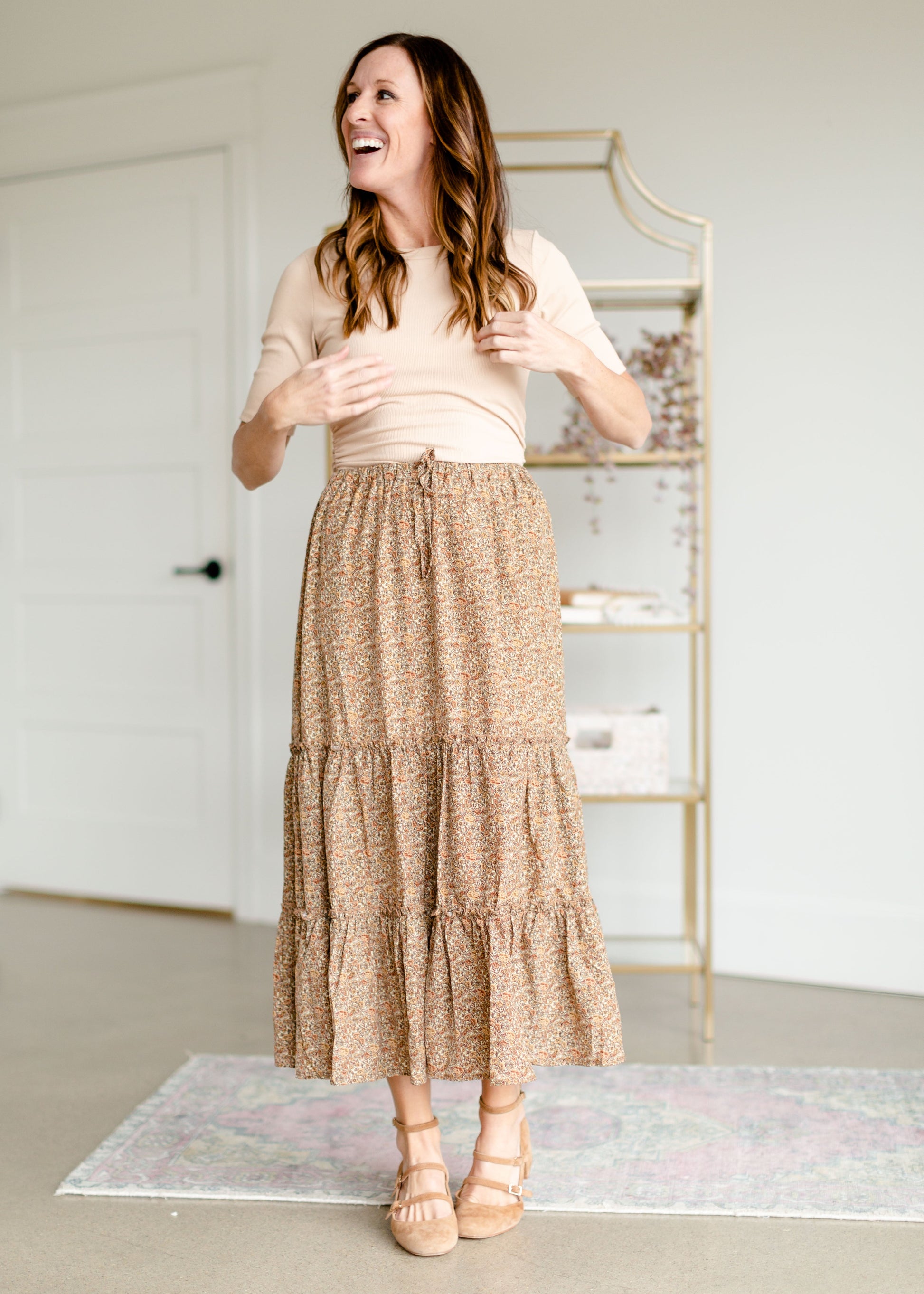 Adelaide Taupe Floral Tiered Maxi Skirt Skirts Inherit