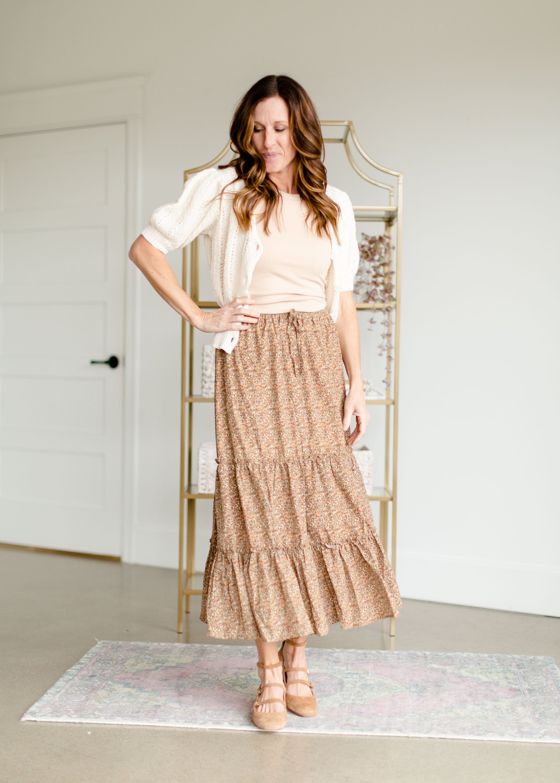 Adelaide Taupe Floral Tiered Maxi Skirt Skirts Inherit