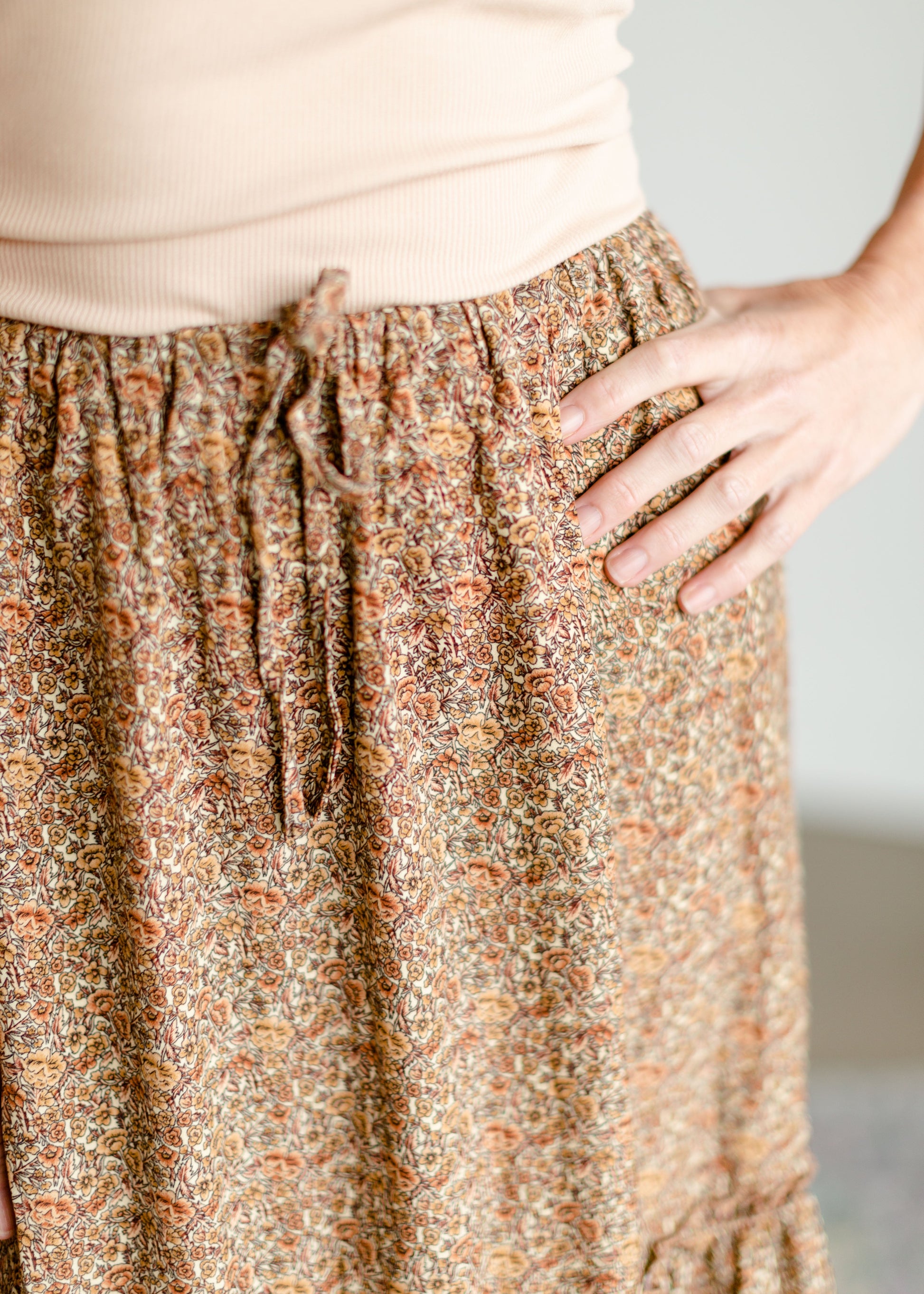 Adelaide Taupe Floral Tiered Maxi Skirt Skirts Inherit