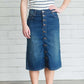 Modest women's denim midi skirt. Four buttons down the front, also pockets front and back.