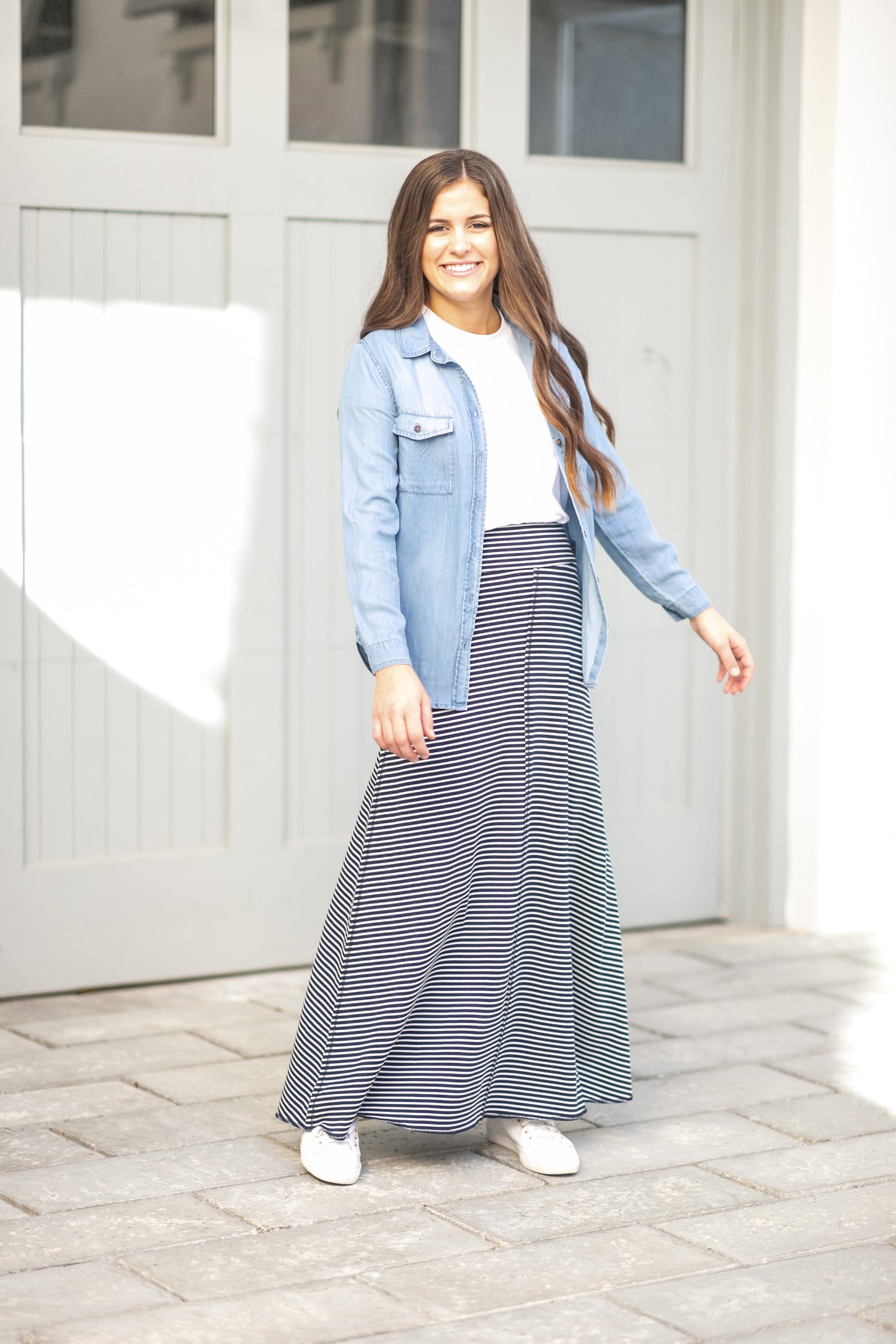 Allison Navy Stripe Knit Maxi Skirt Skirts