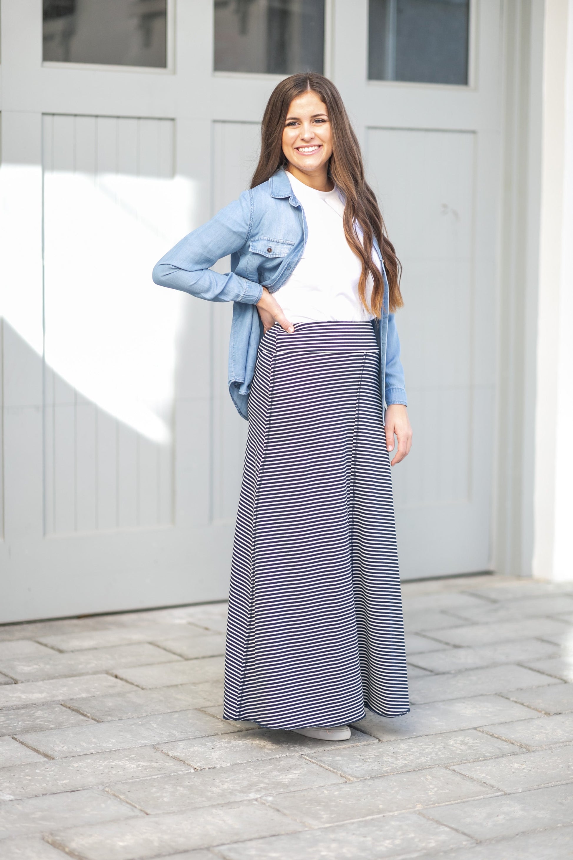 Allison Navy Stripe Knit Maxi Skirt Skirts