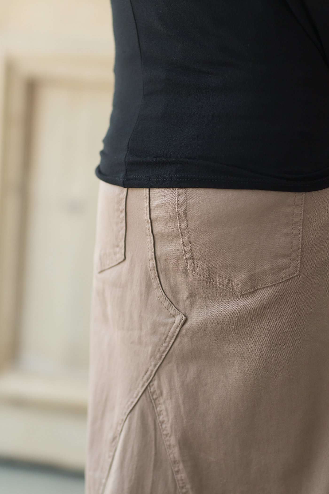 Modest girl's long khaki skirt. A-line insert for a flowy, fun look.