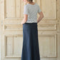 Shop this long, modest navy skirt with a beautiful a-line insert.