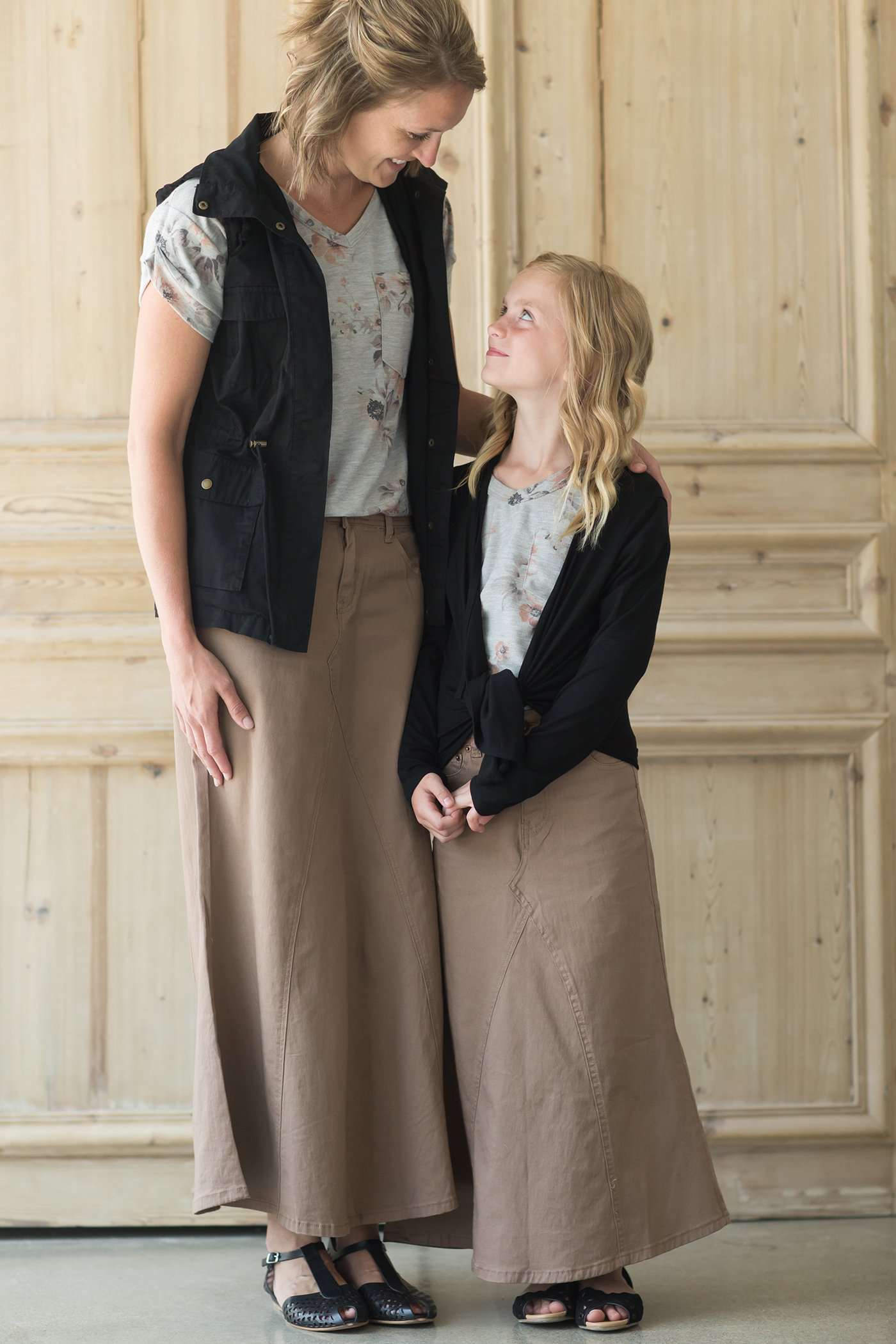 Shop this long, modest khaki twill skirt with a beautiful a-line insert.
