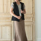 Shop this long, modest khaki twill skirt with a beautiful a-line insert.
