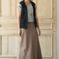 Shop this long, modest khaki twill skirt with a beautiful a-line insert.