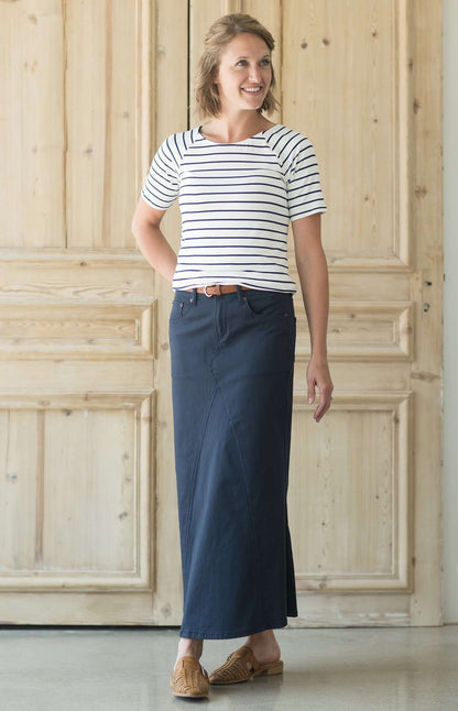 Shop this long, modest navy skirt with a beautiful a-line insert.