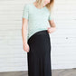 Women's modest denim-like knit skirt in black or navy.