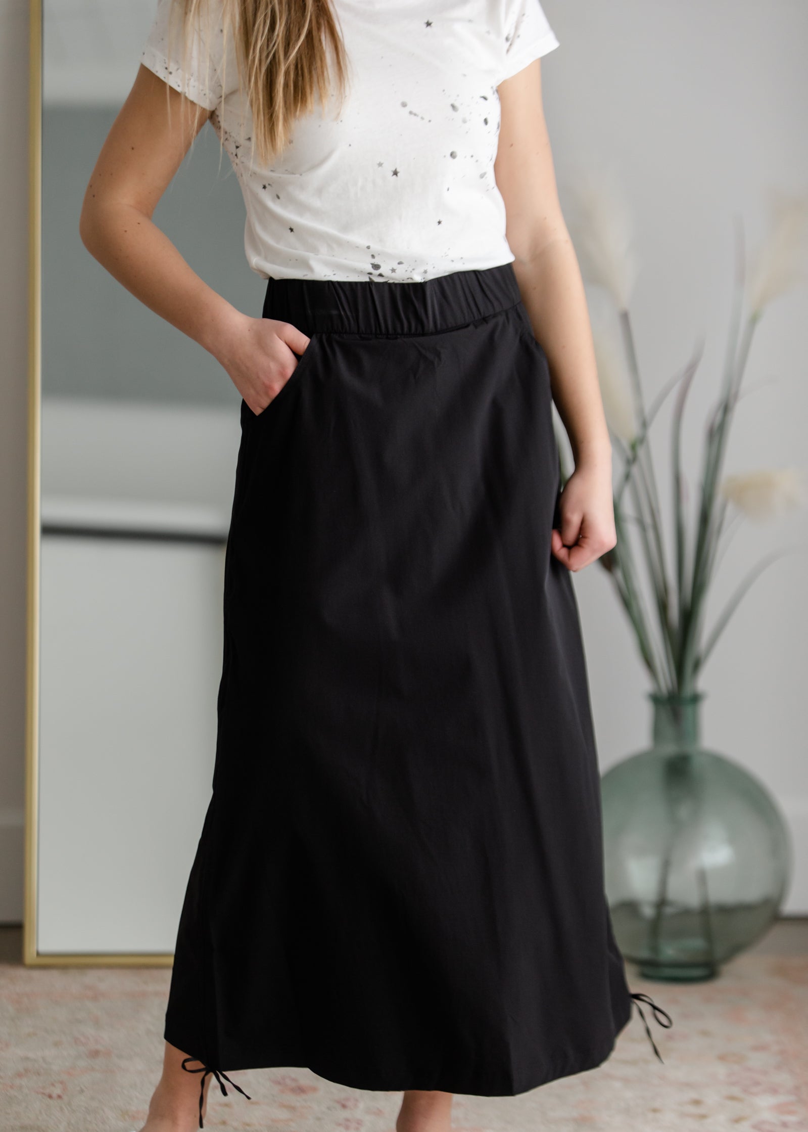 Anika Black Side Cinch Hiking Maxi Skirt Skirts Inherit