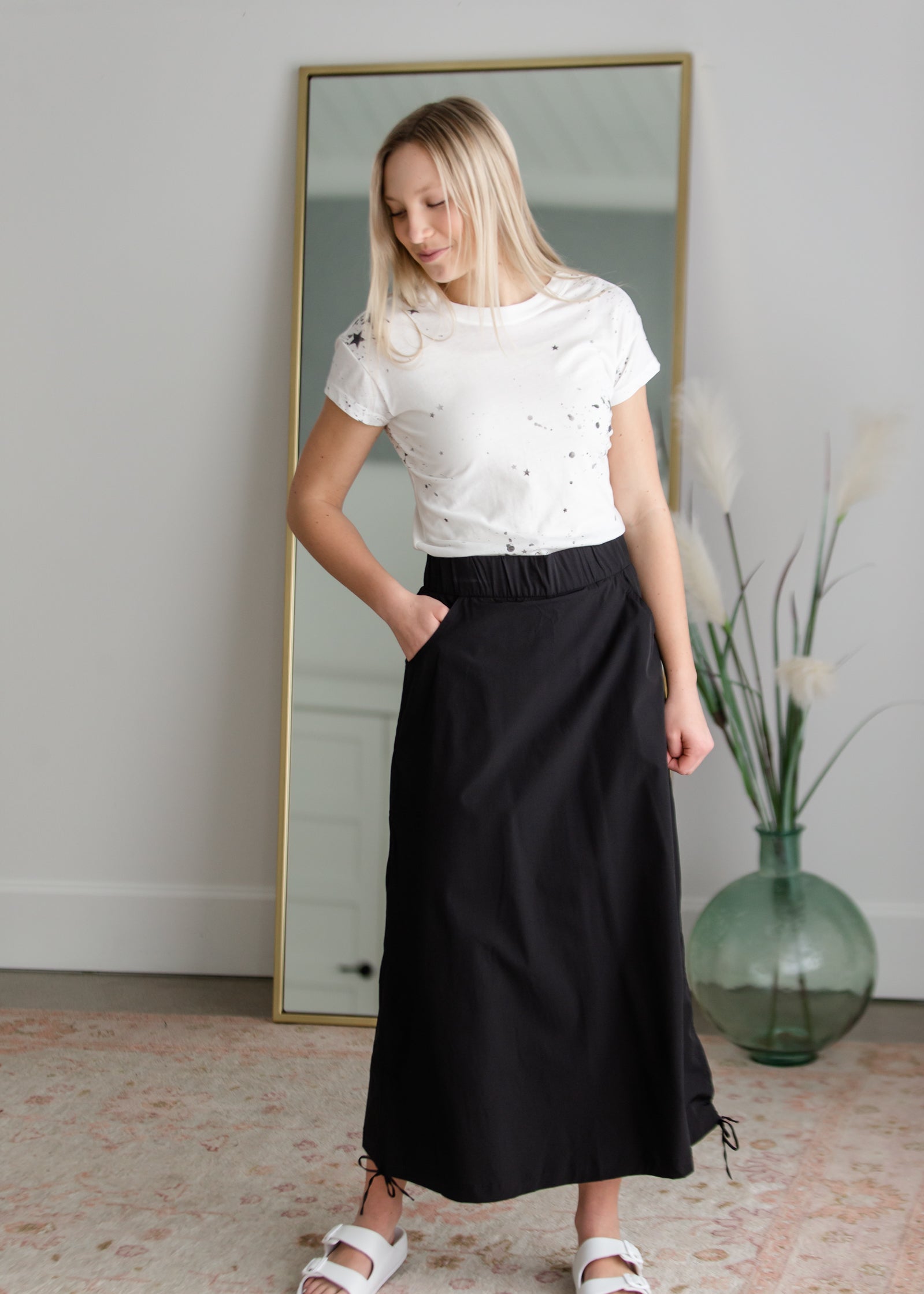 Anika Black Side Cinch Hiking Maxi Skirt Skirts Inherit