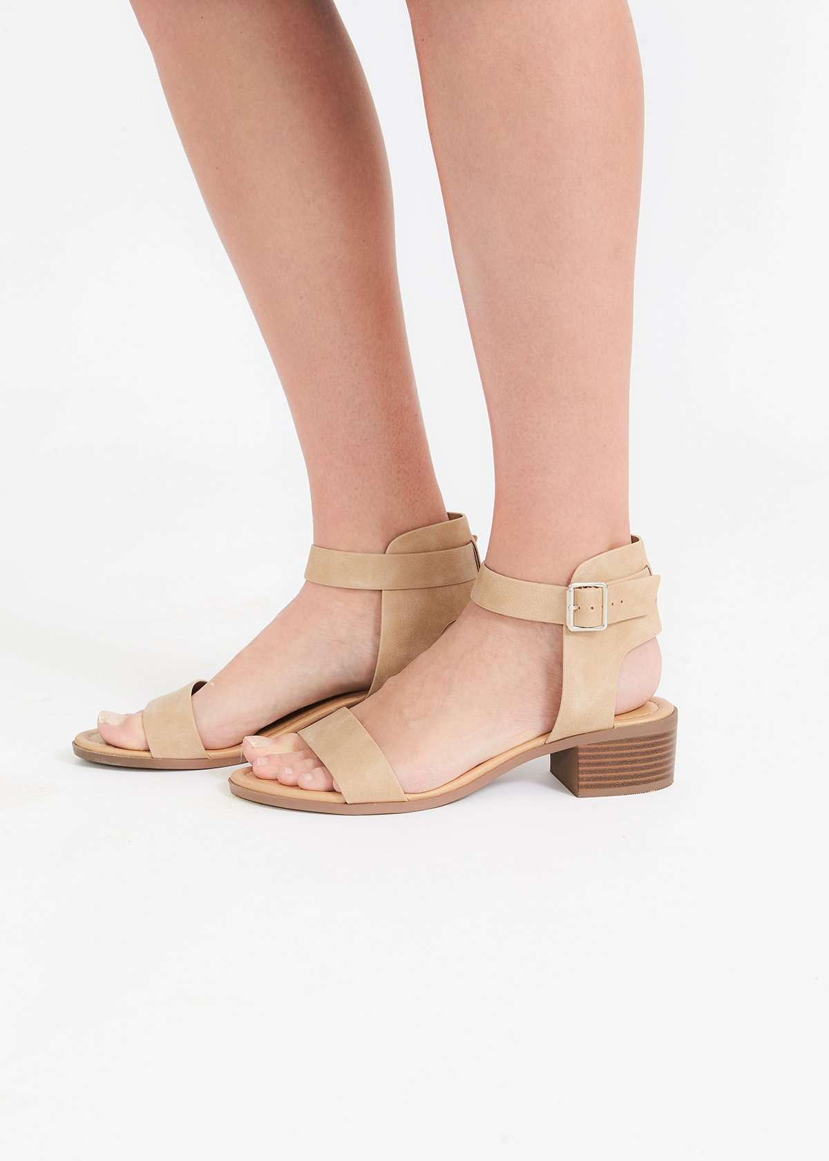 Taupe ankle strap block heel