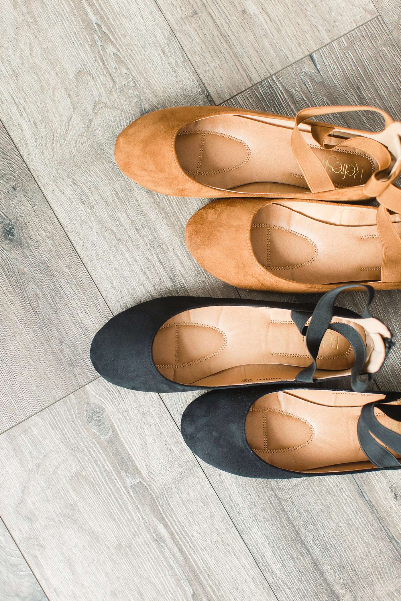 Black or tan ankle wrap faux suede ballet flats.