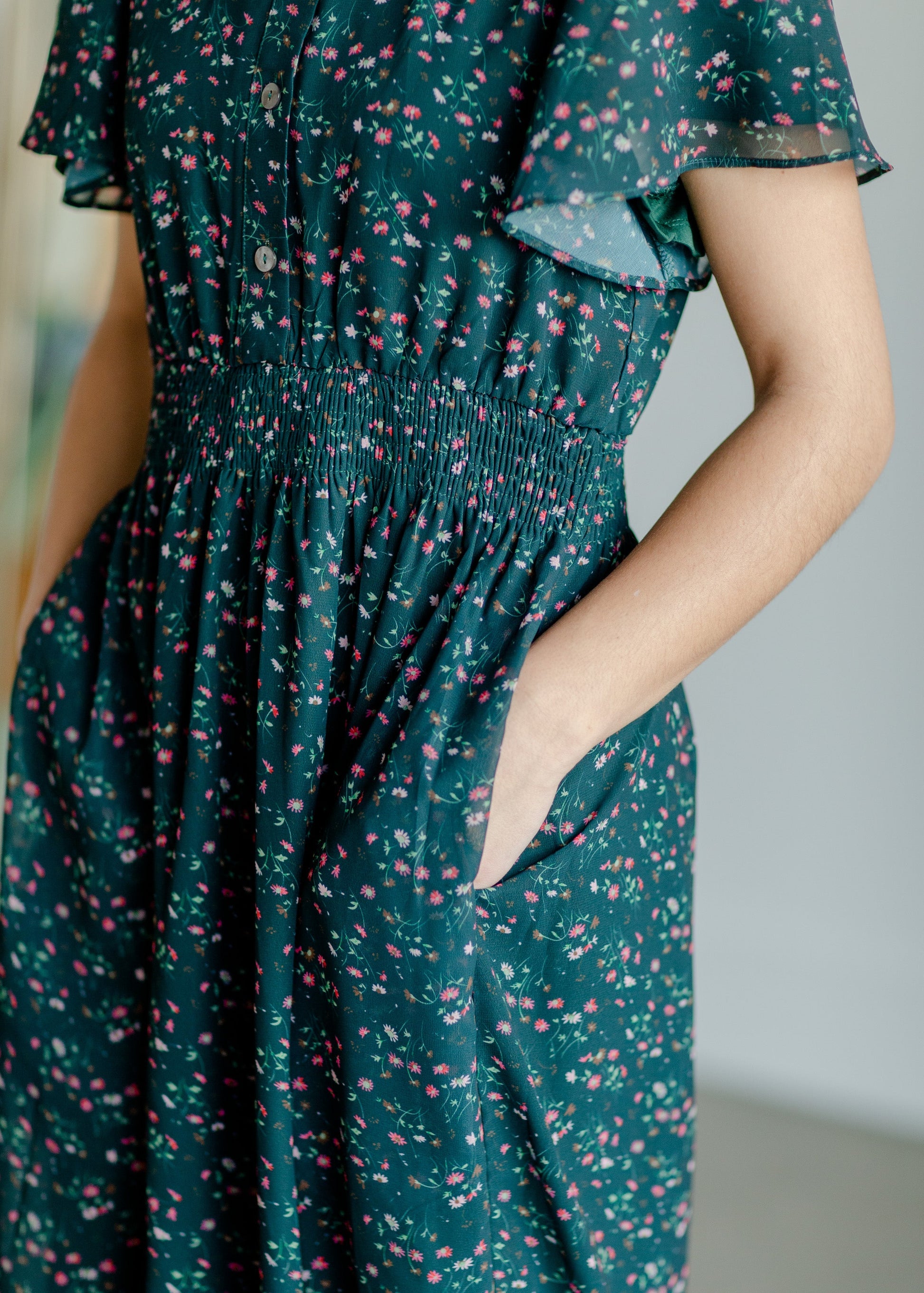 Anna Floral Flutter Sleeve Smocked Waist Maxi Dress Dresses Inherit - SOP