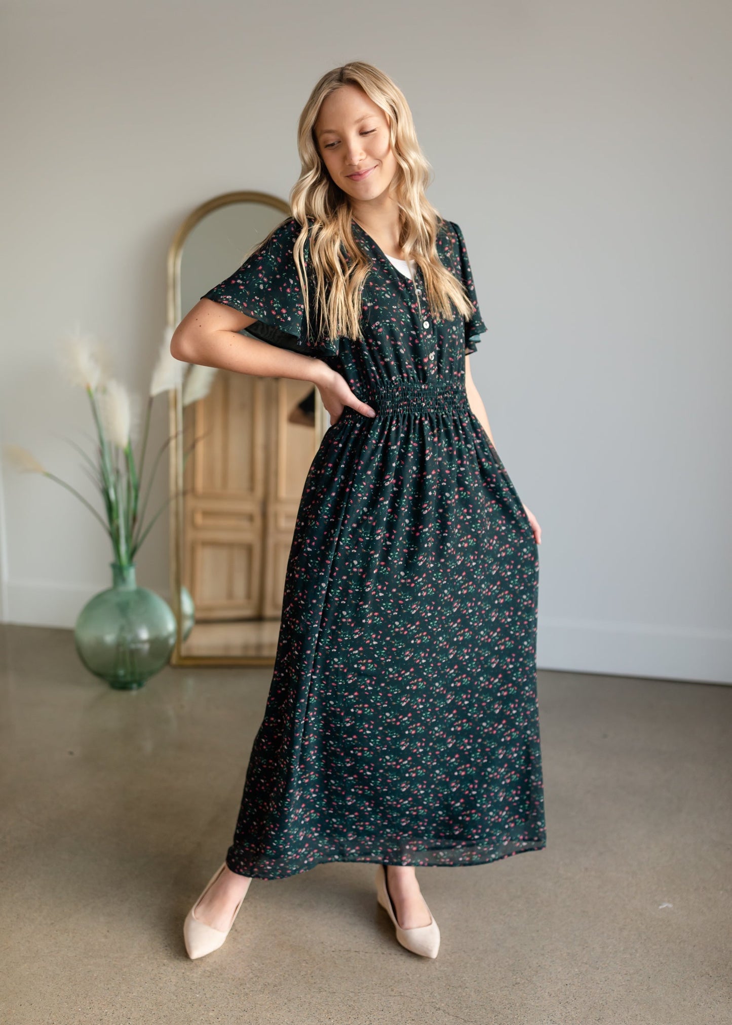 Anna Floral Flutter Sleeve Smocked Waist Maxi Dress - FINAL SALE Dresses