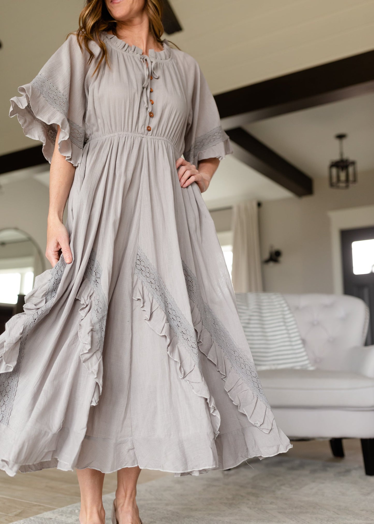 Ash Gray Linen Ruffle Midi Dress - FINAL SALE Dresses