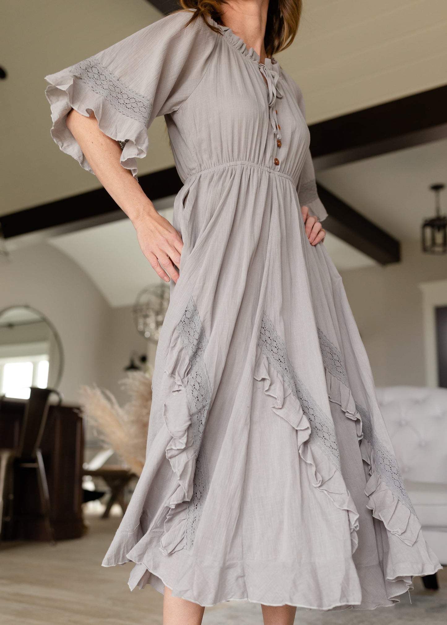 Ash Gray Linen Ruffle Midi Dress - FINAL SALE Dresses