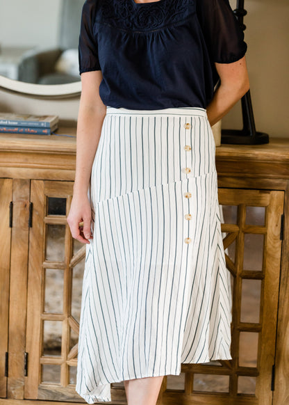 Asymmetrical Button Detail Stripe Midi Skirt Skirts