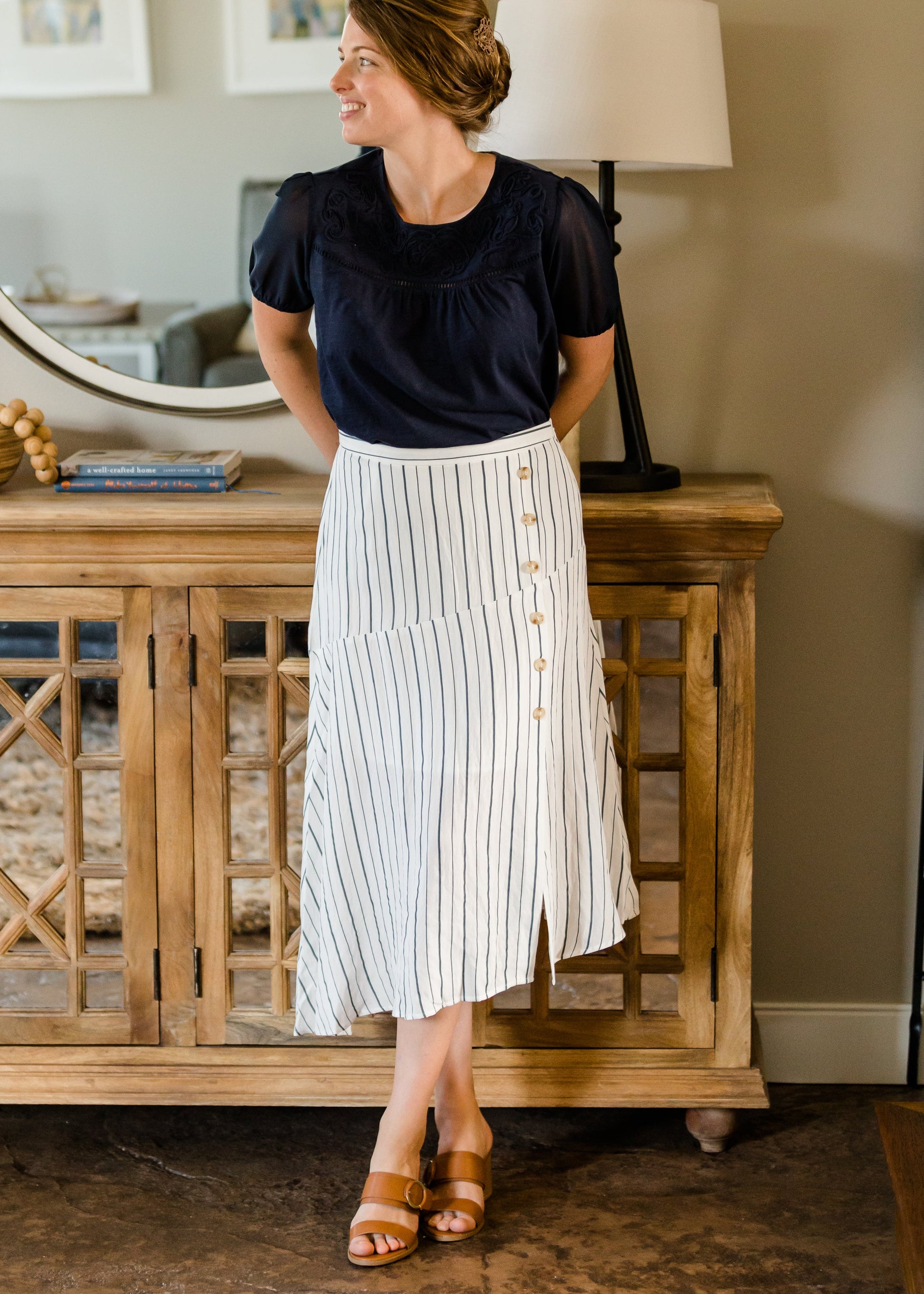 Asymmetrical Button Detail Stripe Midi Skirt Skirts
