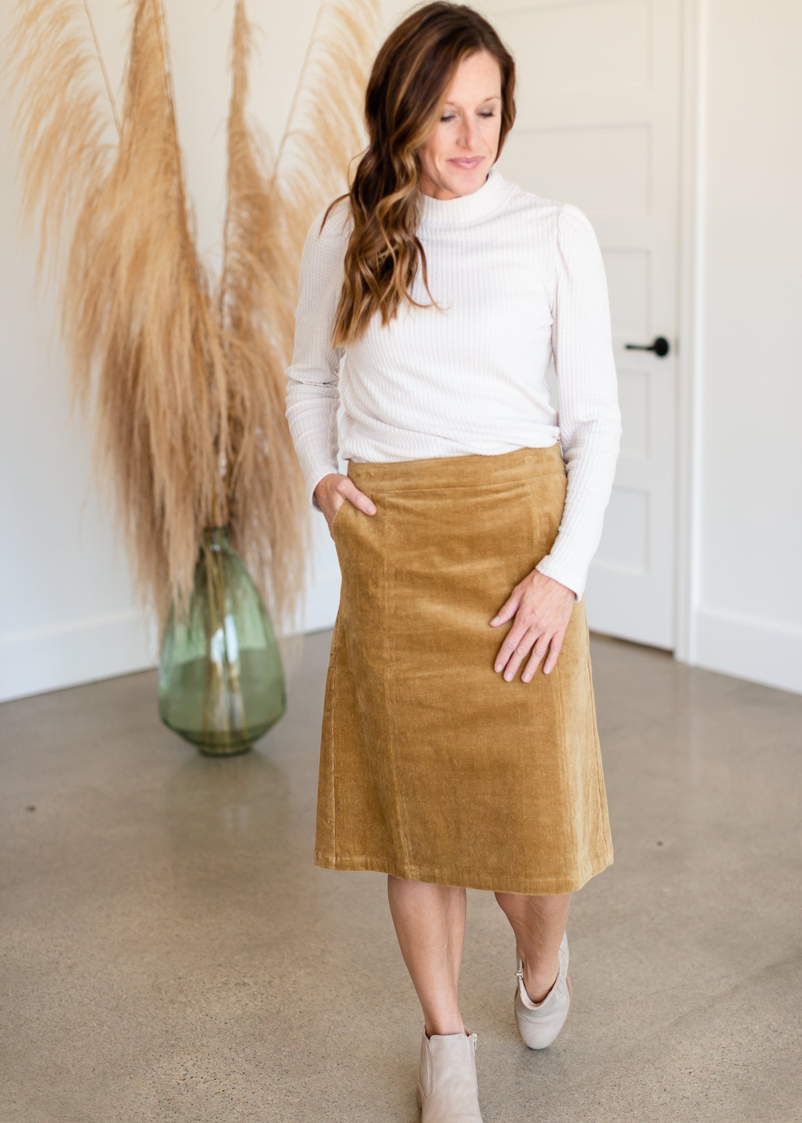 Aubrey Corduroy Back Zip Midi Skirt Skirts Inherit Co.