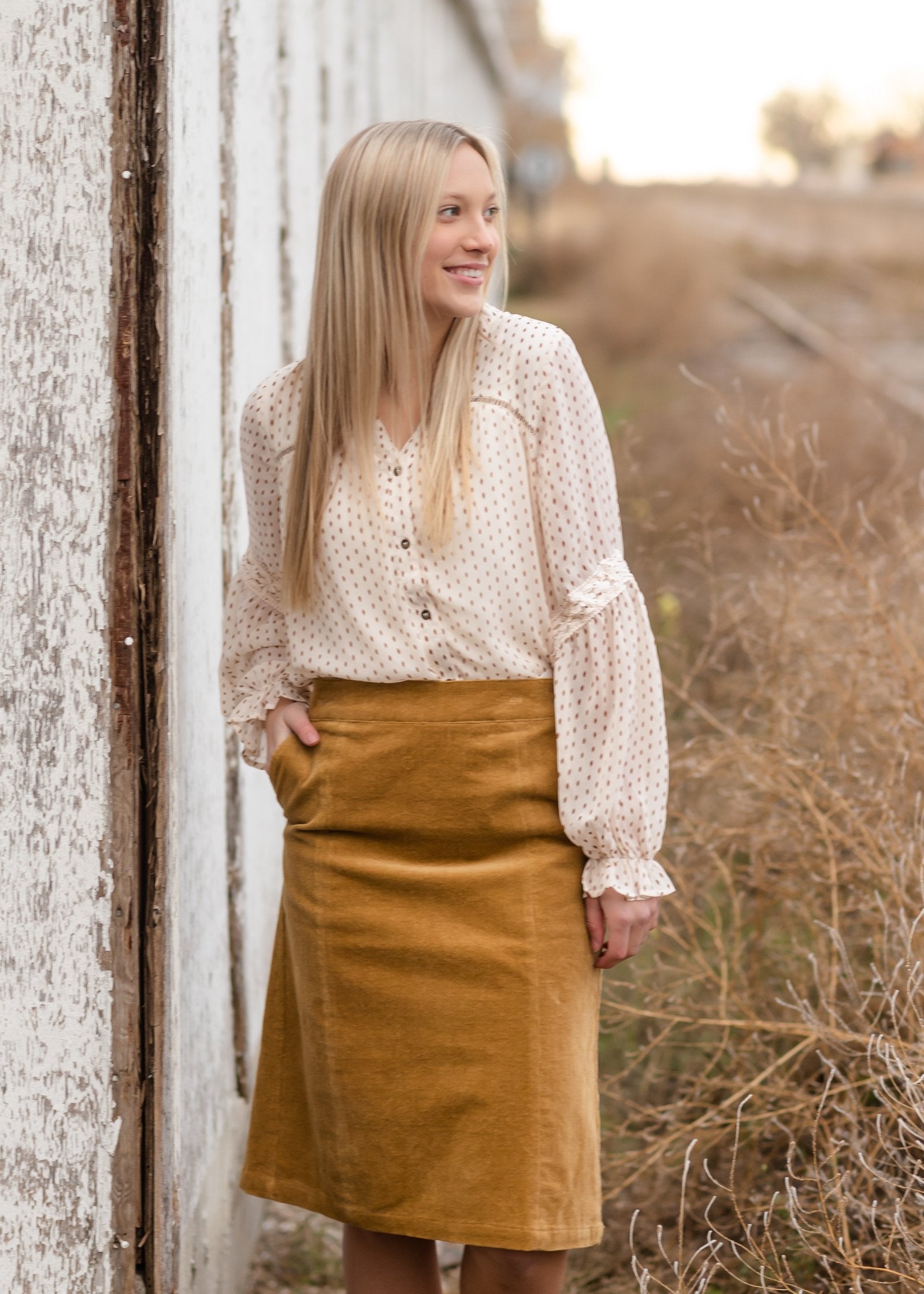 Aubrey Corduroy Back Zip Midi Skirt - FINAL SALE Skirts Inherit Co.