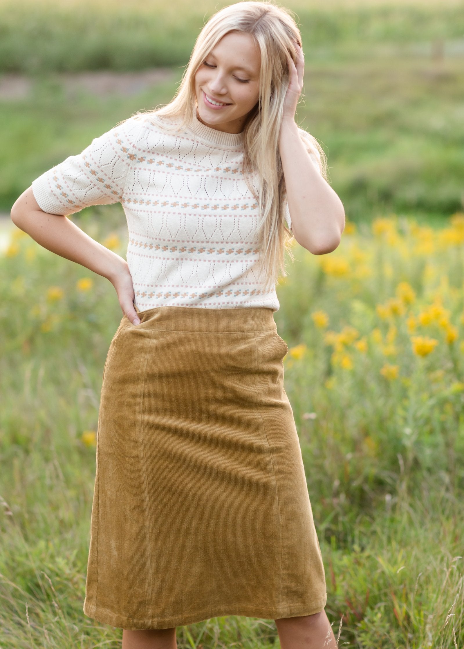 Aubrey Corduroy Back Zip Midi Skirt Skirts Inherit Co.