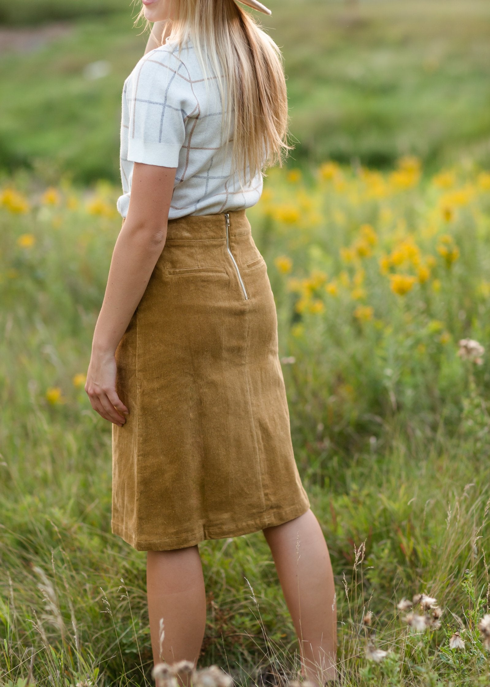 Aubrey Corduroy Back Zip Midi Skirt Skirts Inherit Co.