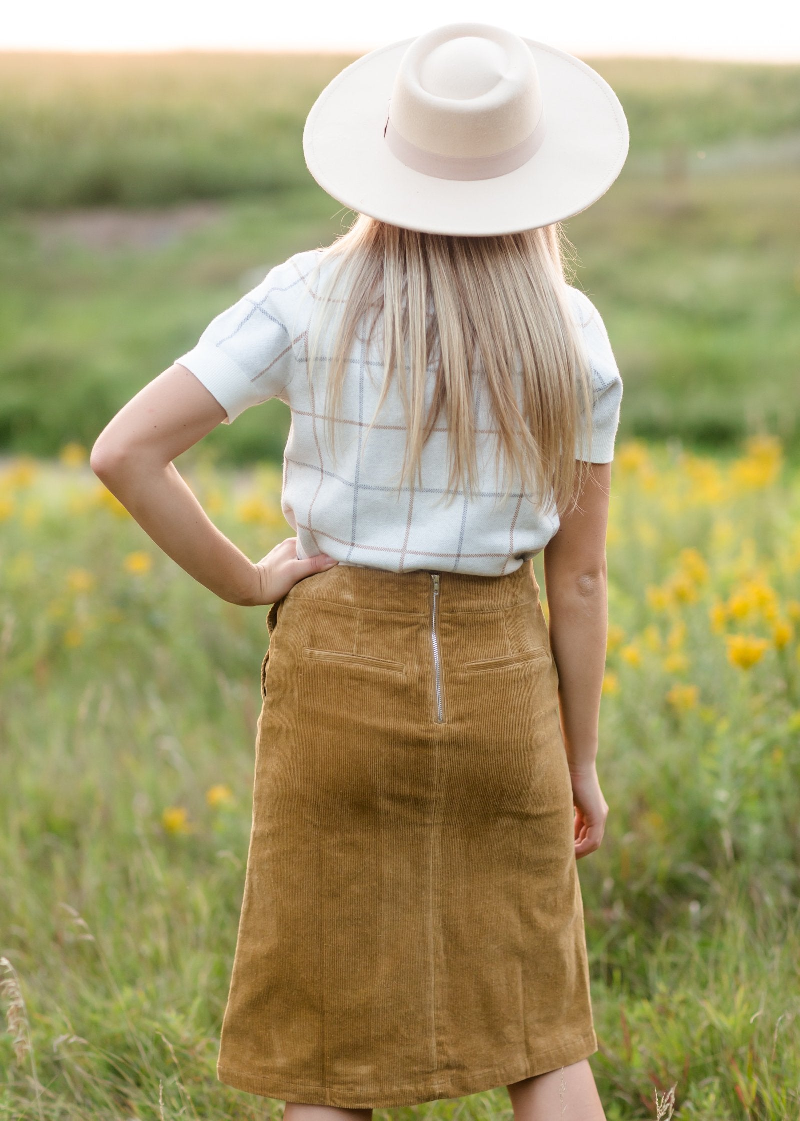 Aubrey Corduroy Back Zip Midi Skirt Skirts Inherit Co.