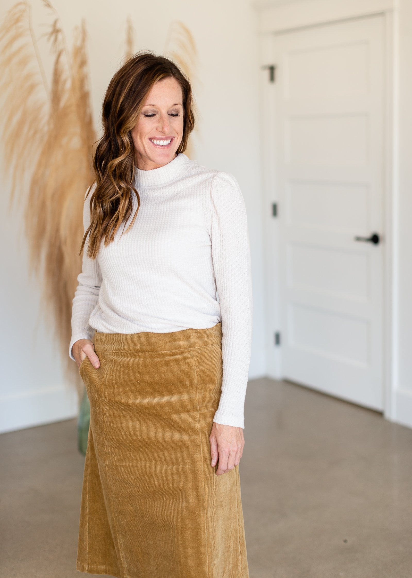 Aubrey Corduroy Back Zip Midi Skirt Skirts Inherit Co.