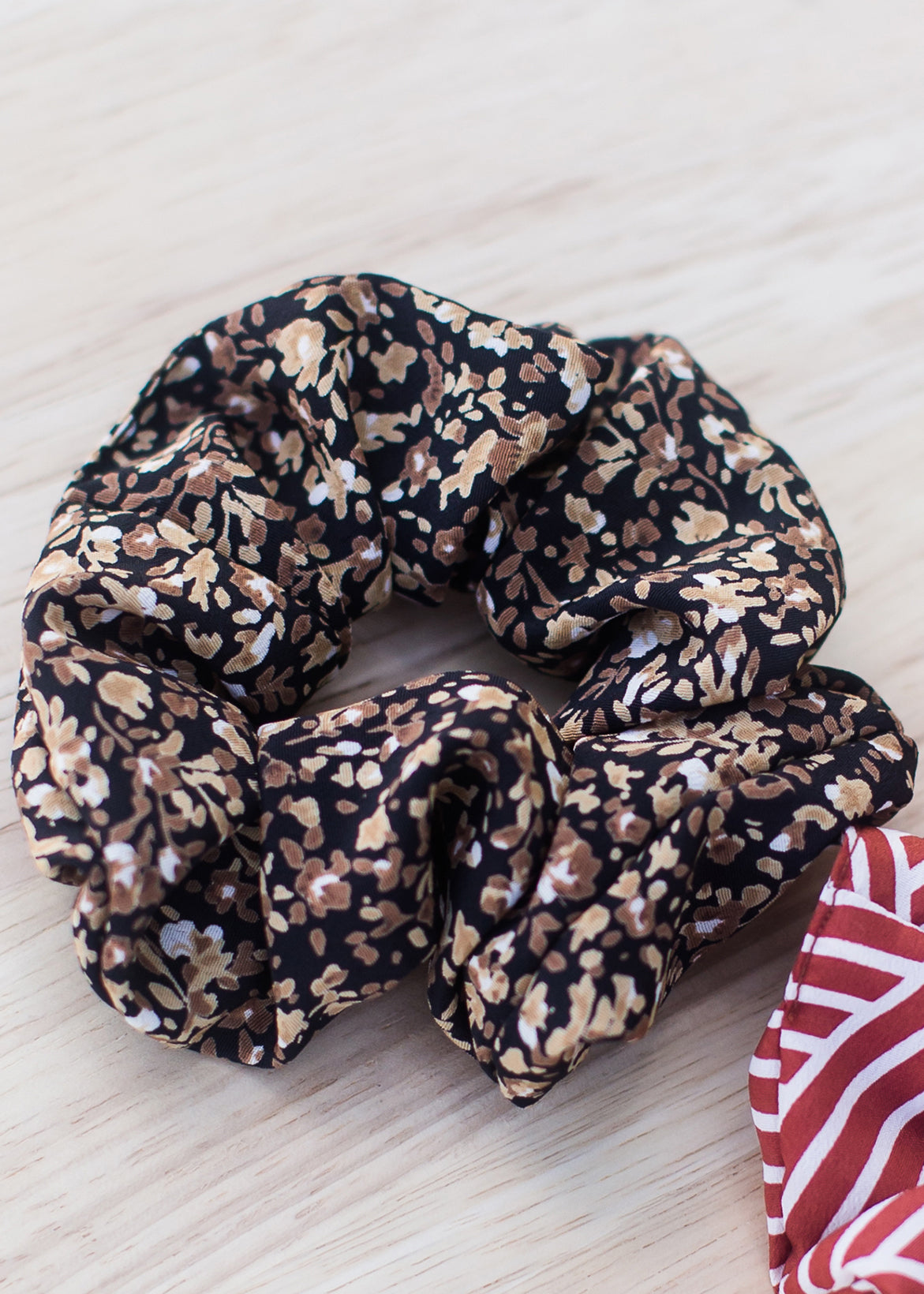 black and taupe floral hair scrunchie