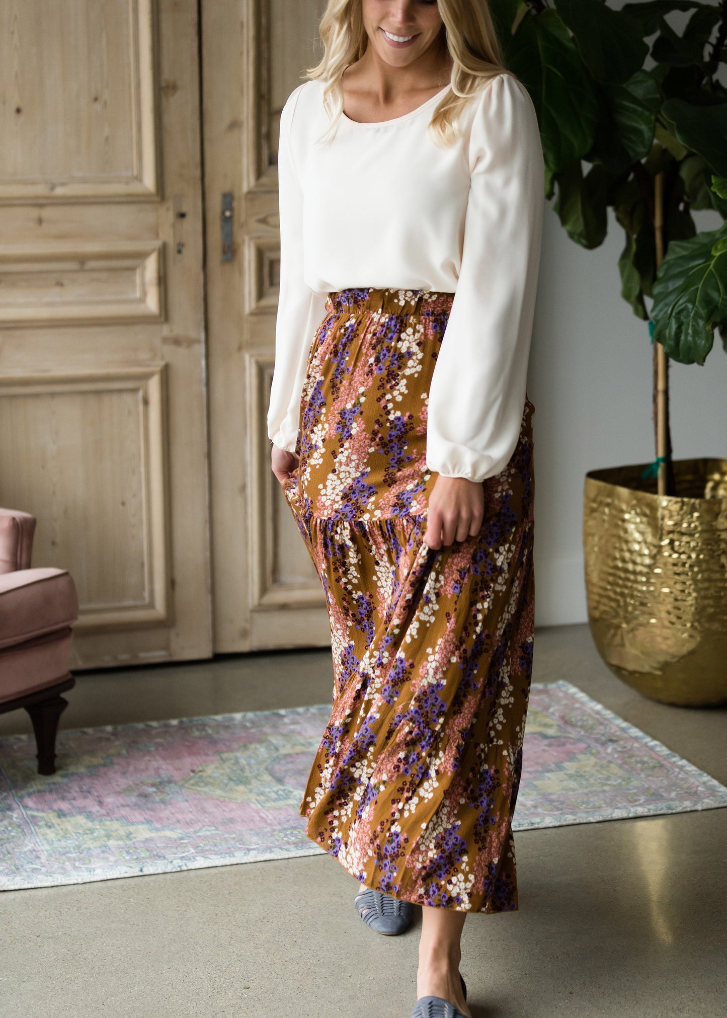 Autumn Floral Mustard Midi Skirt - FINAL SALE Skirts