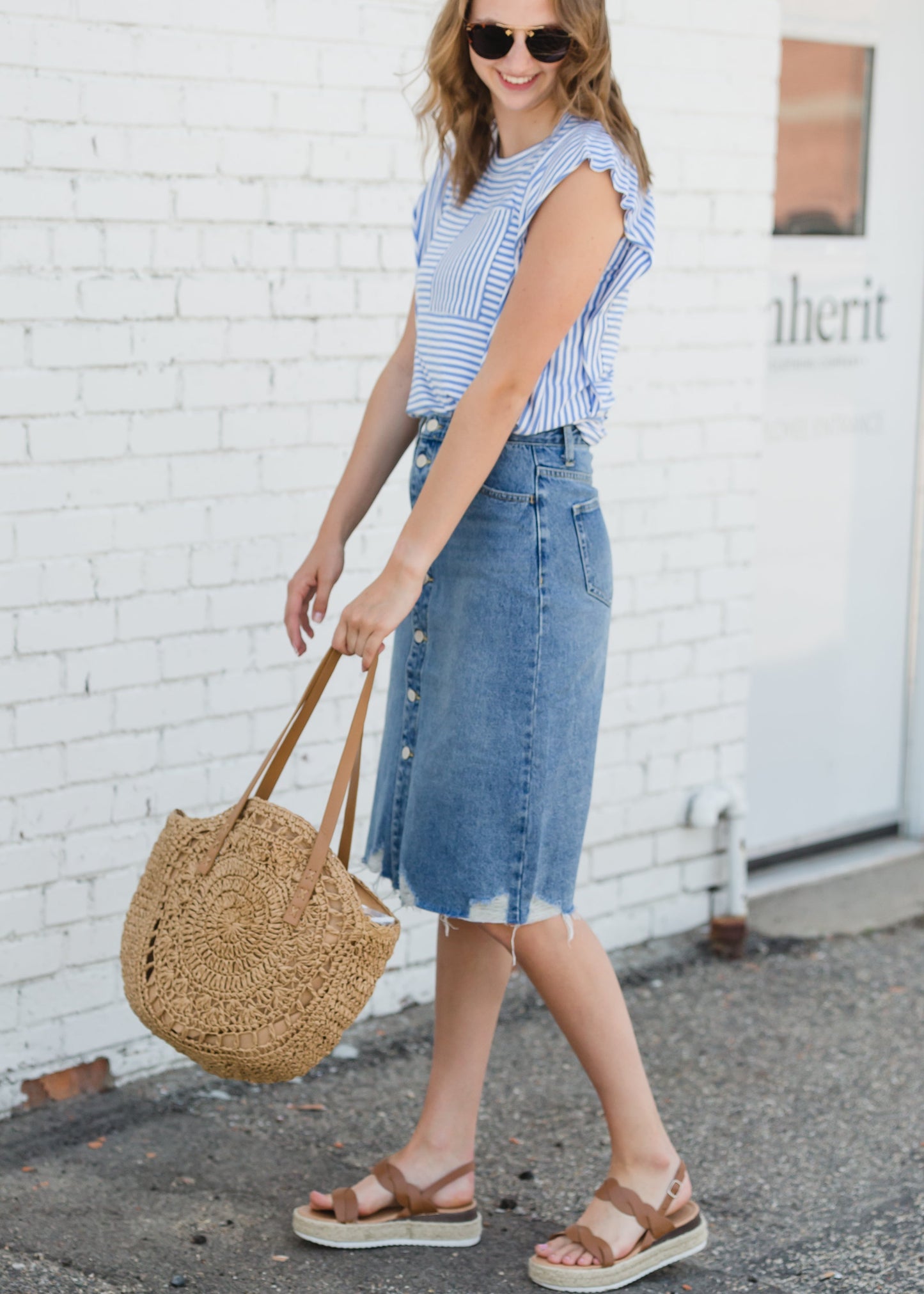 Avri Button Up Distressed Midi Jean Skirt - FINAL SALE Skirts