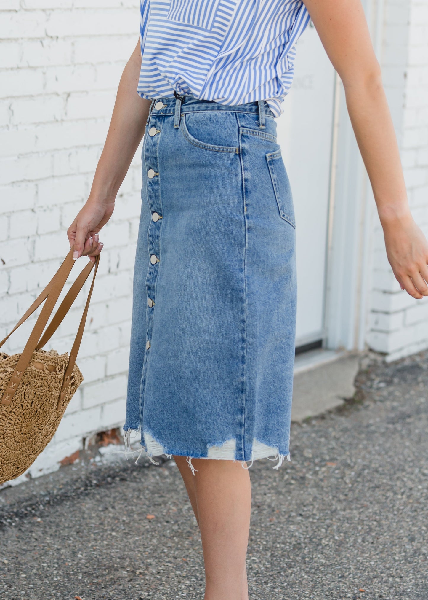 Avri Button Up Distressed Midi Jean Skirt - FINAL SALE Skirts