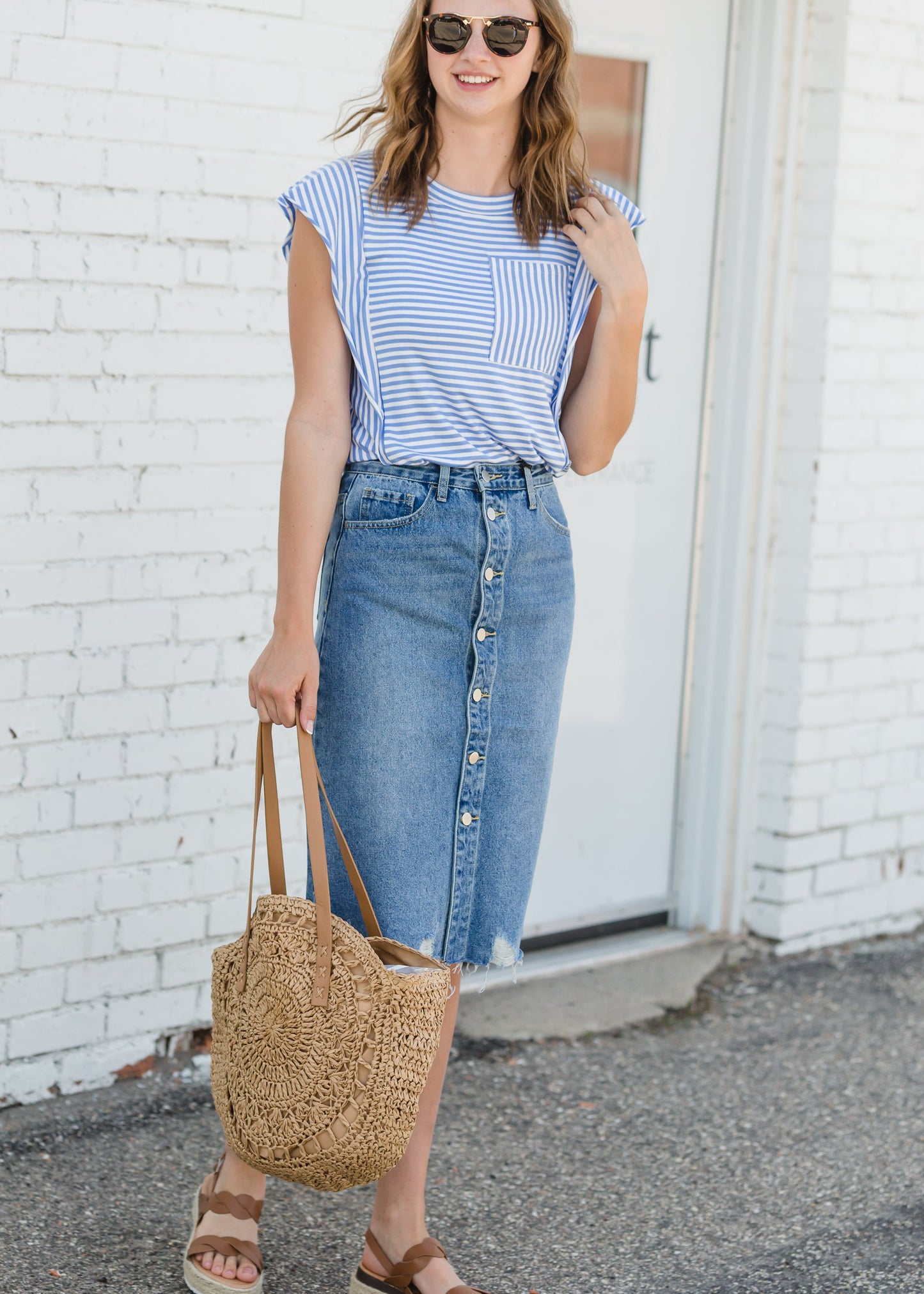 Avri Button Up Distressed Midi Jean Skirt - FINAL SALE Skirts