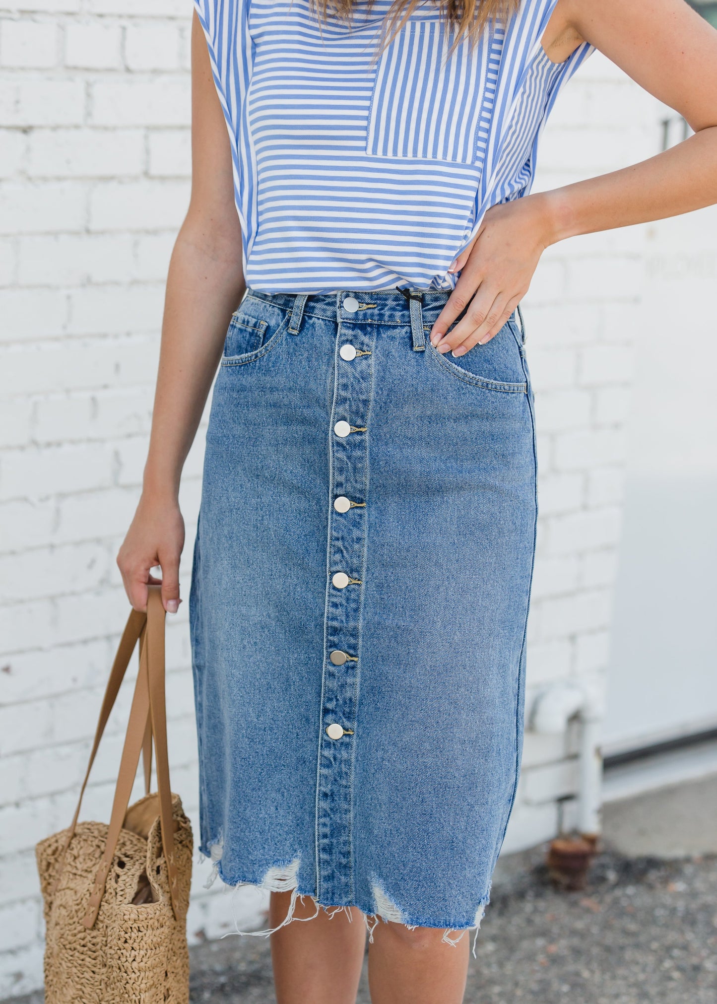 Avri Button Up Distressed Midi Jean Skirt - FINAL SALE Skirts